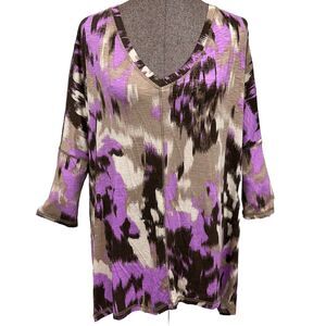 LOGO Lori Goldstein M V Neck Tunic Purple Brown Watercolor Abstract Oversized